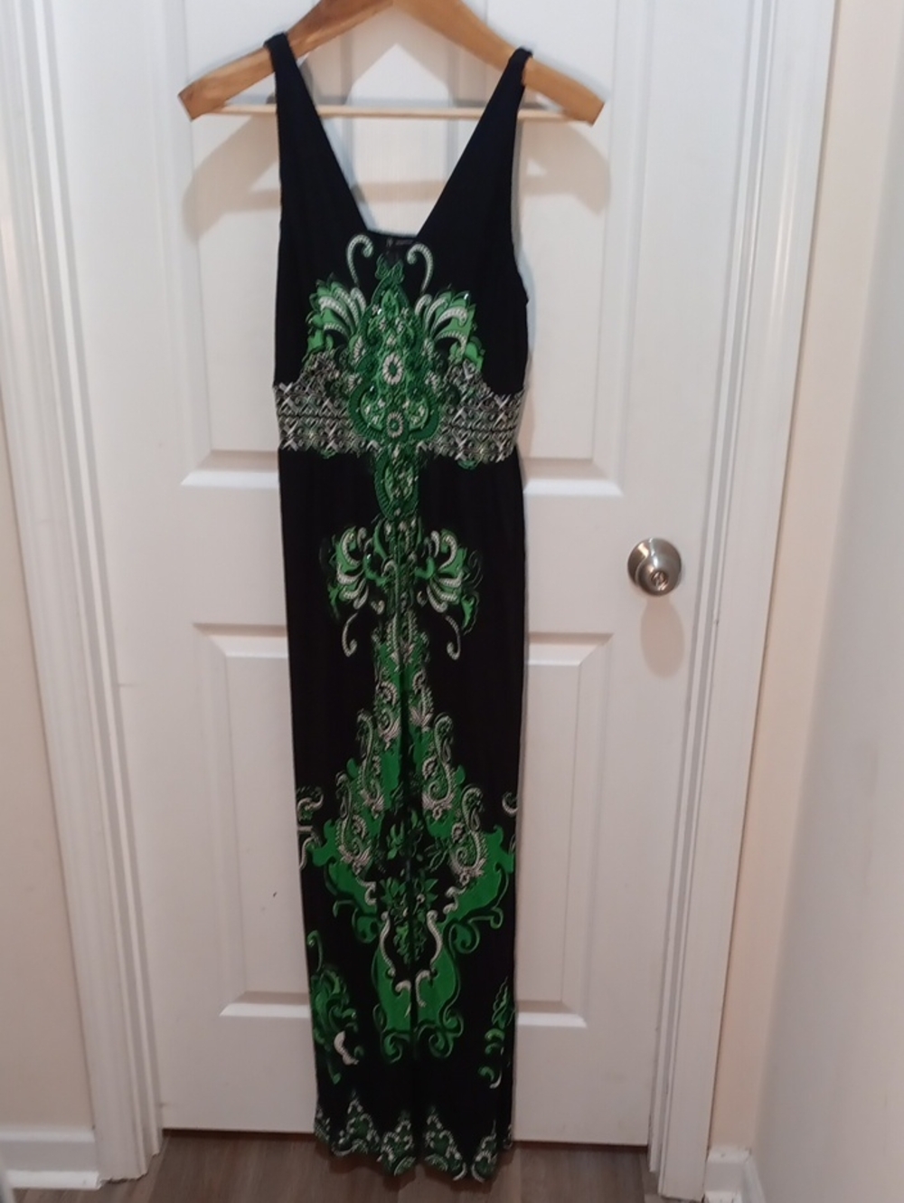 INC International Concepts Black Maxi Dress with Green Ornamental Print